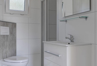 Moderne badeværelse med toilet, vask og spejl på Wood Lodge ved Holiday park Molenvelden i Holland.