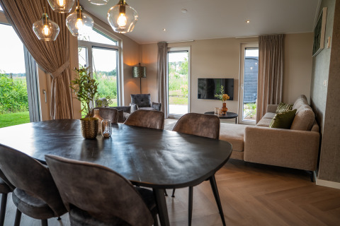 Stilfuld stue og spisestue i Villa Veldzicht på Holiday park Molenvelden, Holland, med moderne indretning.