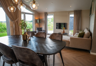 Elegante sala de estar y comedor en Villa Veldzicht, Holiday park Molenvelden, Países Bajos, con diseño moderno.