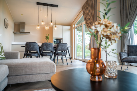 Sala y comedor modernos en Villa Veldzicht, Holiday park Molenvelden, Países Bajos, con decoración elegante.