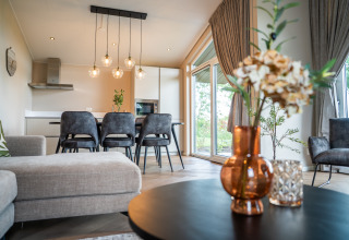 Modernes Wohn- und Esszimmer in der Villa Veldzicht im Ferienpark Molenvelden, Niederlande, stilvoll eingerichtet.