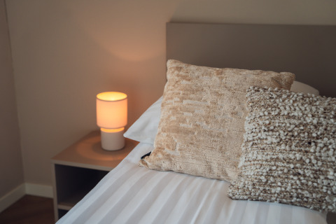 Soveværelse i Villa Veldzicht på Holiday park Molenvelden, Nederlandene, med moderne lampe og puder.
