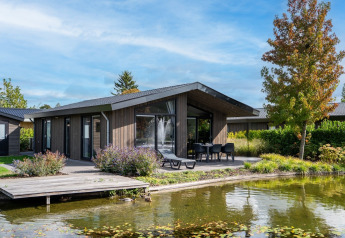 Villa di lusso con vasca idromassaggio sul lago, design moderno in legno e terrazza, Molenvelden, Paesi Bassi.