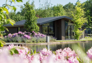 Villa Waterzicht Luxe with Hottub 6 at Holiday park Molenvelden, Netherlands, next to pond and blooms.