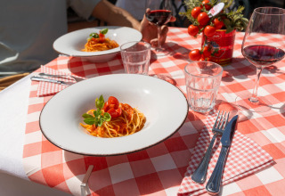 To pastaretter med tomatsauce og et glas rødvin på et bord med rødternet dug i Toscana, Italien.