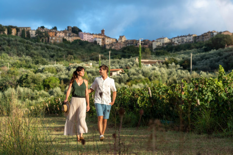 Par går gennem en vingård i Toscana med bakker og en landsby i baggrunden ved Sandaya Le Pianacce.