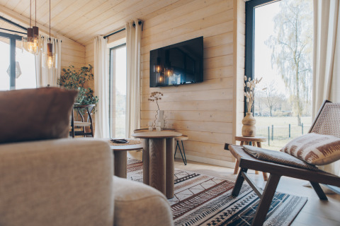 Salon du Beach House à Wilsumer Berge, Allemagne, avec murs en bois clair, déco moderne et grandes fenêtres.