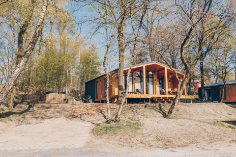 Foto van de Hill Side Scandi lodge bij Wilsumer Berge in Duitsland, omgeven door bomen en natuur.