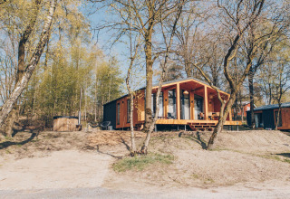 Foto van de Hill Side Scandi lodge bij Wilsumer Berge in Duitsland, omgeven door bomen en natuur.