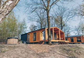 Houten huisjes bij Hill Side Scandi lodge in Wilsumer Berge, Duitsland, omgeven door bosrijke natuur.