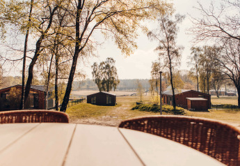 Vue depuis la terrasse du lodge Hill Side Scandi à Wilsumer Berge, Allemagne, entouré d’arbres.