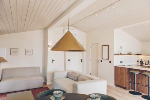 Modern, licht lodge-interieur van Hill Side Scandi Wilsumer Berge met open keuken en comfortabele banken.