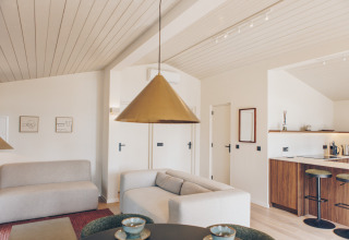 Modern, licht lodge-interieur van Hill Side Scandi Wilsumer Berge met open keuken en comfortabele banken.