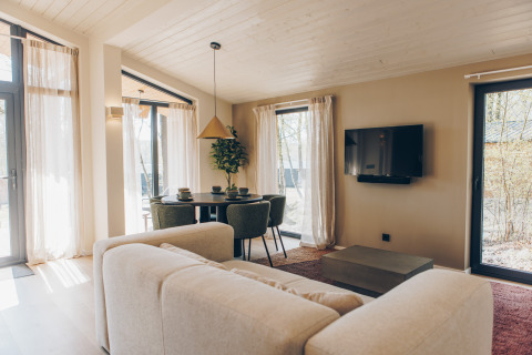 Moderne woonkamer in Hill Side Scandi lodge, Wilsumer Berge, Duitsland, met grote ramen en natuurlijk licht.