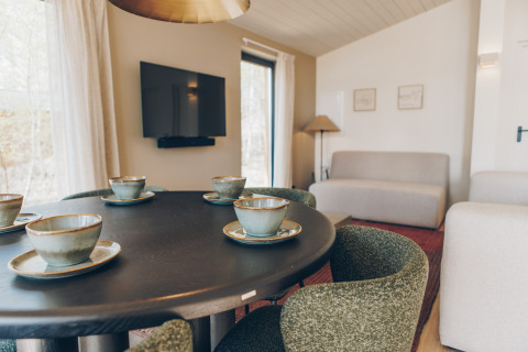 Moderne woonkamer in Hill Side Scandi lodge bij Wilsumer Berge, Duitsland, gedekt voor vier personen.