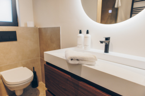 Moderne badkamer in Hill Side Scandi, Wilsumer Berge, Duitsland met spiegel, wastafel en toilet.