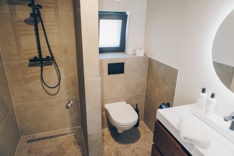 Moderne badkamer bij Hill Side Scandi-lodge in Wilsumer Berge, Duitsland, met douche en toilet.