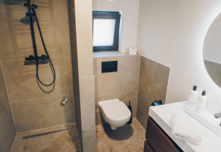 Moderne badkamer bij Hill Side Scandi-lodge in Wilsumer Berge, Duitsland, met douche en toilet.