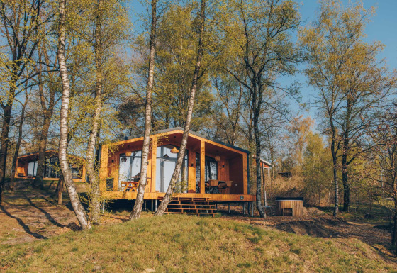 Beach Side Scandi lodge nestled among trees with a hot tub, set in a tranquil forest retreat.