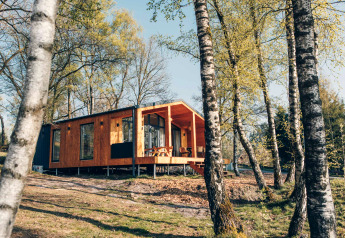 Die Beach Side Scandi Lodge bei Wilsumer Berge in Deutschland, eingebettet in einen Birkenwald.