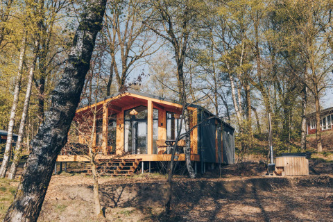Modern wooden Beach Side Scandi lodge in Wilsumer Berge, Germany, surrounded by forest trees.