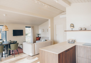 Bright Scandinavian-style Beach Side Scandi lodge interior at Wilsumer Berge, with kitchen, sofa, and dining area.
