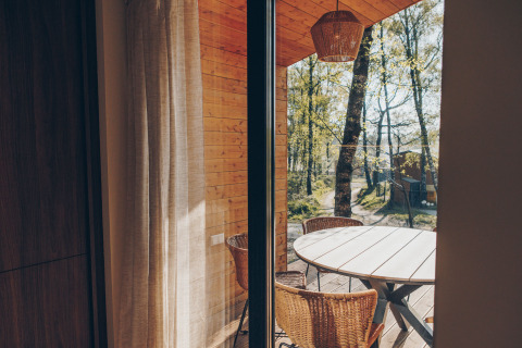 View from Beach Side Scandi lodge at Wilsumer Berge, Germany with wooden furniture and forest scenery.