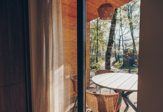View from Beach Side Scandi lodge at Wilsumer Berge, Germany with wooden furniture and forest scenery.