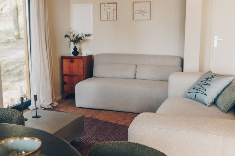 Bright, modern living room in the Beach Side Scandi lodge at Wilsumer Berge, Germany.