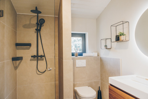 Modern bathroom with walk-in shower and Scandinavian decor at Beach Side Scandi lodge in Wilsumer Berge, Germany.