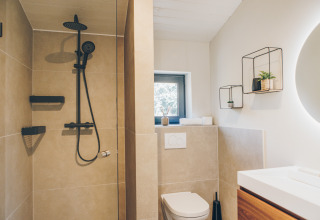 Modern bathroom with walk-in shower and Scandinavian decor at Beach Side Scandi lodge in Wilsumer Berge, Germany.