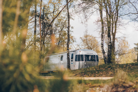 Airstream tiny house met bubbelbad, omgeven door bomen in een vredig bosgebied.