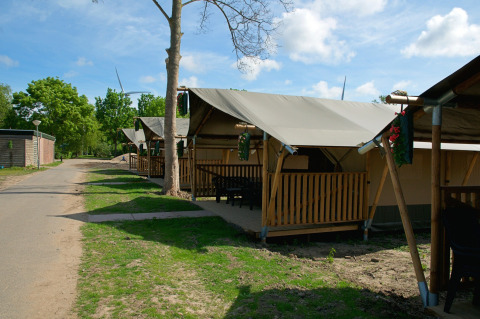 Tente safari avec toilettes au Camping de Krabbeplaat aux Pays-Bas, près d’un chemin et d’arbres verts.