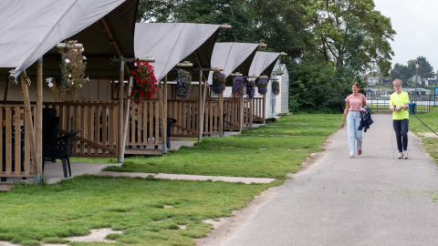 Zwei Personen spazieren an Safarizelten mit Blumenveranda auf Campingplatz de Krabbeplaat, Niederlande.