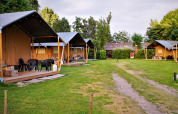 Safari-Zelte auf dem Campingplatz Gorishoek in den Niederlanden, umgeben von grüner Natur.