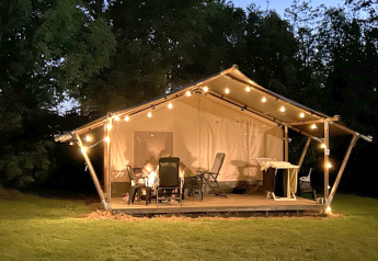 Safaritent met terras en sfeerverlichting ’s avonds op Camping Emmen in Nederland, omringd door bomen.
