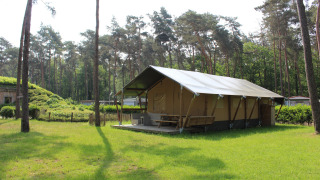 Safari tent with covered porch, private sanitary facilities, and a slide in a grassy forest clearing.