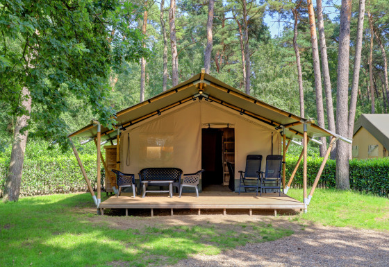 Tenda safari con veranda arredata all'aperto, immersa nel verde della foresta ideale per il glamping.