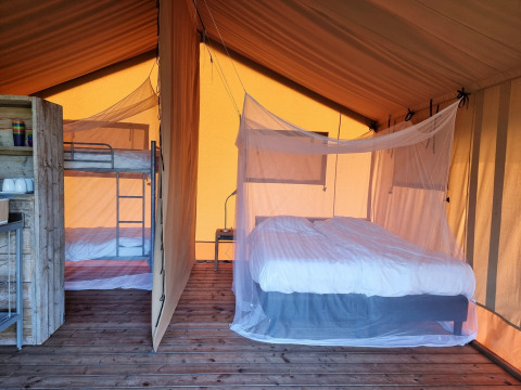 Innenansicht eines Safarizeltes mit Doppelbett und Etagenbett, beide mit Moskitonetzen auf Holzboden.