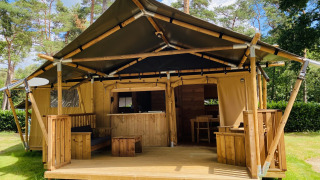 Safari telt til 6 personer med sanitære faciliteter, placeret ved søen i en grøn skovrig campingplads.