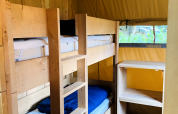 Houten stapelbedden en planken in een safaritent op Camping De Rammelbeek in Nederland.