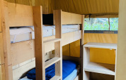 Træ køjesenge og hylder i en safaritelts soveværelse på Campingplads De Rammelbeek i Holland.