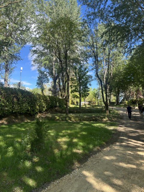 Bosrijk wandelpad in Les Rives de Courtes vakantiepark, Occitanie, Frankrijk, met zon en bomen.