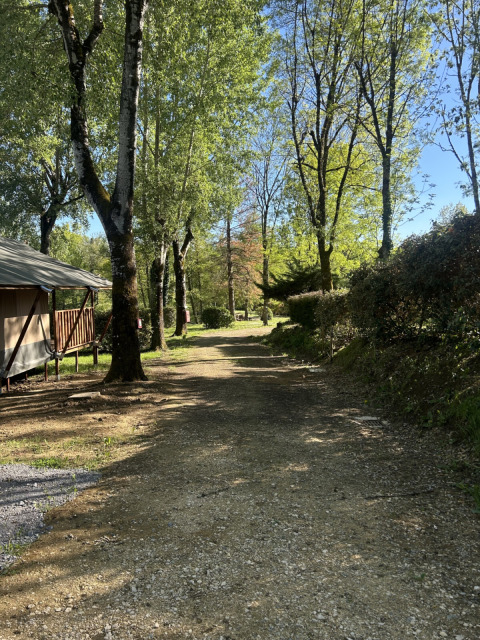 Grindweg met bomen en schaduwrijke hut in het vakantiepark Les Rives de Courtes, Occitanië, Frankrijk.