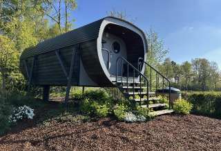 De tiny house Anthropod op vakantiepark 't Rheezerwold in Nederland, omringd door groene natuur.