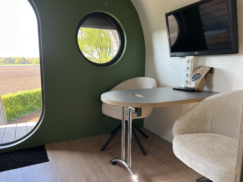 Intérieur d'une tiny house Anthropod au parc 't Rheezerwold, Pays-Bas, avec deux fauteuils, table et TV.