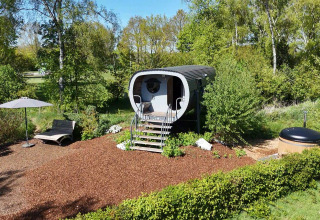 Tiny house called “Anthropod” at Holiday park 't Rheezerwold in the Netherlands, surrounded by greenery.