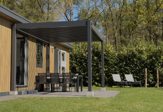 Zona exterior del Forest Lodge en Family Holiday Park Krieghuusbelten, Países Bajos, con terraza y tumbonas.