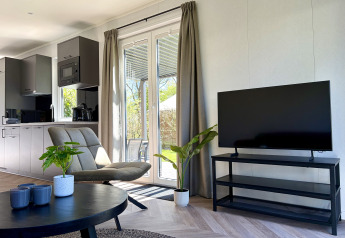Sala de estar moderna en tiny house con grandes ventanales, televisor plano, plantas y cocina abierta.