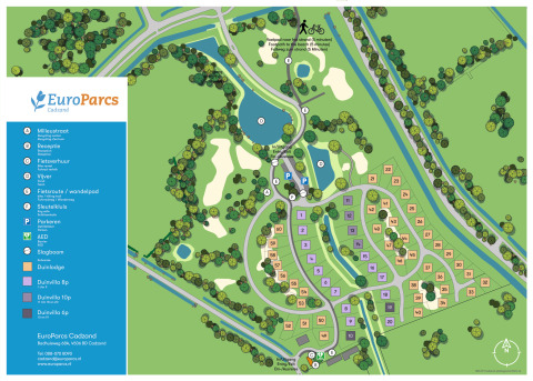 Mappa di EuroParcs Cadzand con percorsi, strutture e disposizione degli alloggi nel lodge.